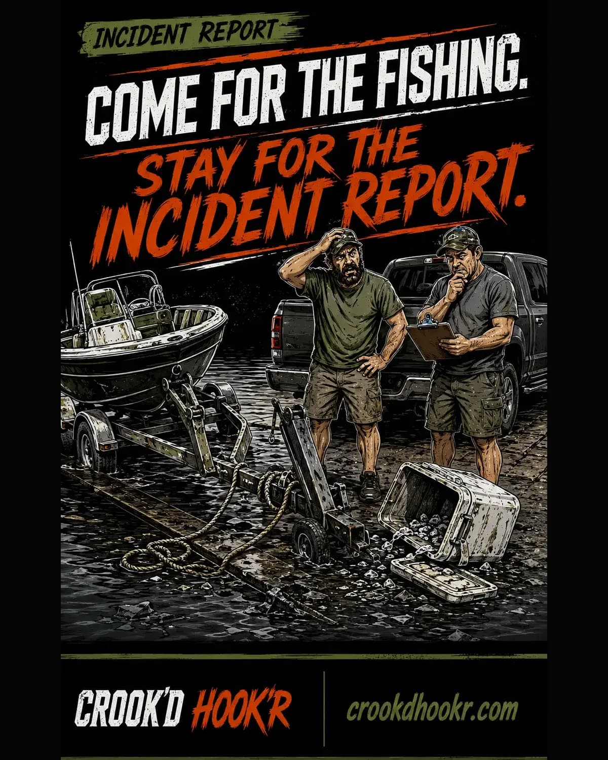 Two fishermen documenting a chaotic but harmless boat-ramp incident.