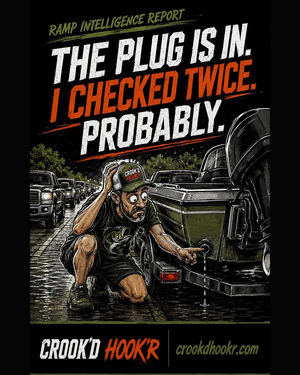 Nervous angler checking a boat plug while a line of trucks waits at the ramp.
