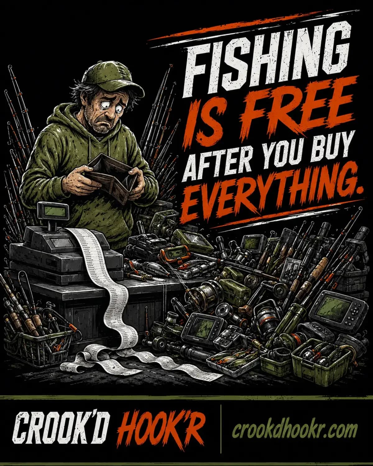 Fisherman with an empty wallet surrounded by rods, reels, electronics and a very long receipt.