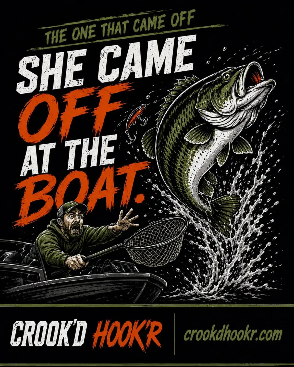 Huge largemouth escaping beside a boat as an angler reaches with an empty landing net.