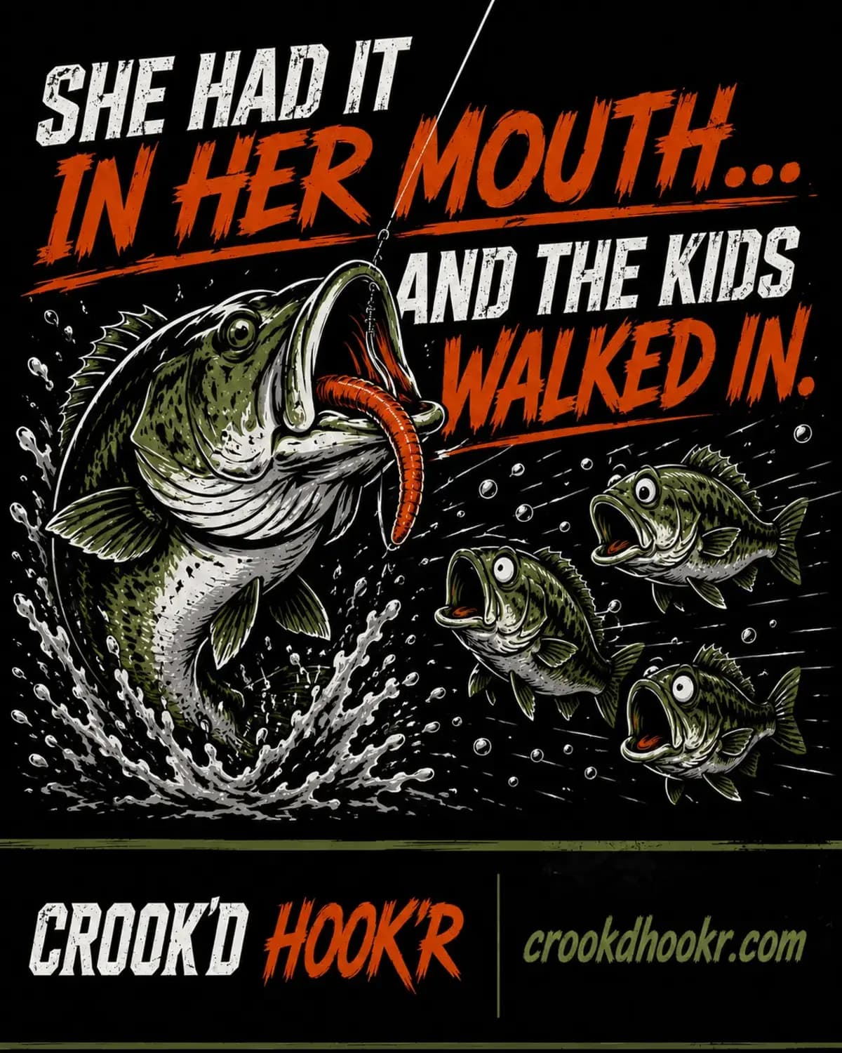 Largemouth with a worm in its mouth as three smaller fish swim in beneath the joke.