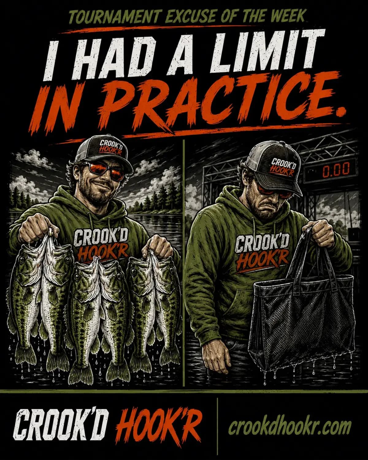Split scene of an angler holding a practice limit and carrying an empty tournament weigh-in bag.