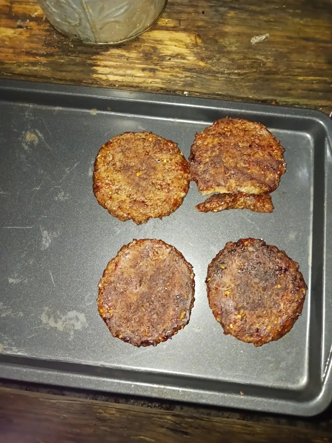 Hamburgers cooking at the cabin after the storm