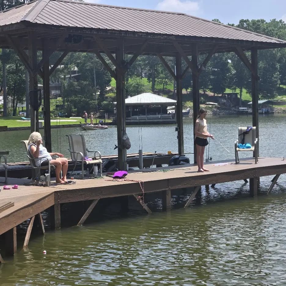 The crew relaxing around a covered dock during the June Chickamauga trip